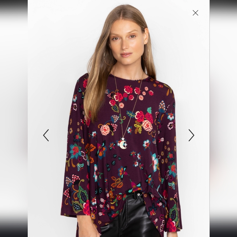 Johnny Was Adrina High Neck Swing Tunic Maron With Multicolor Floral EUC Size M